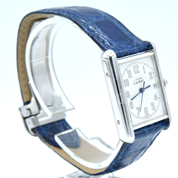 2000s Large Cartier Tank Date with Arabic Numerals Model 2414 in Silver with Deployment Clasp, Box and Books