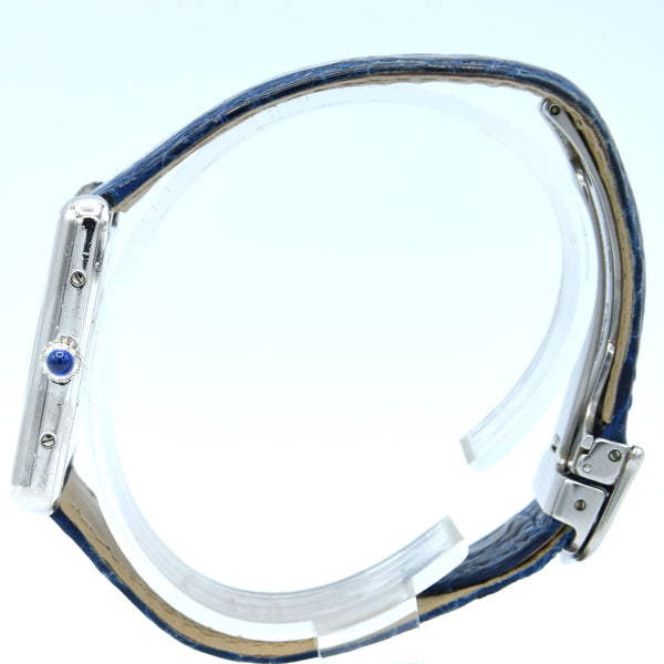 2000s Large Cartier Tank Date with Arabic Numerals Model 2414 in Silver with Deployment Clasp, Box and Books