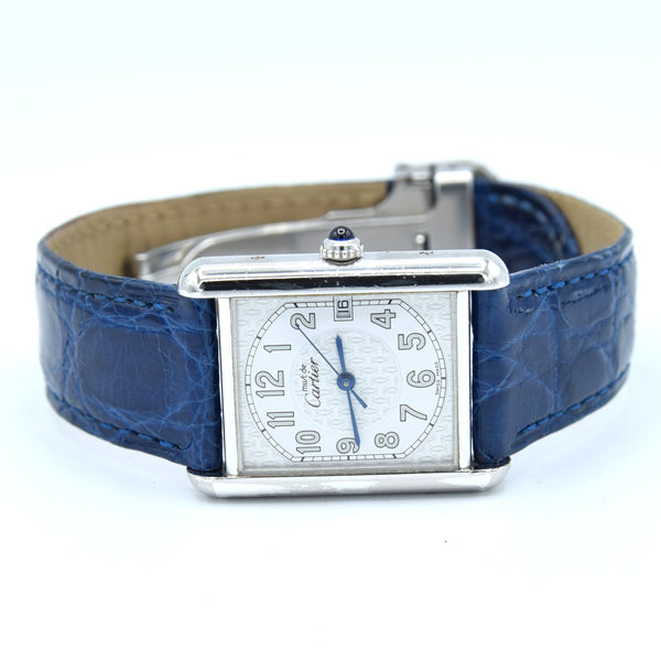 2000s Large Cartier Tank Date with Arabic Numerals Model 2414 in Silver with Deployment Clasp, Box and Books