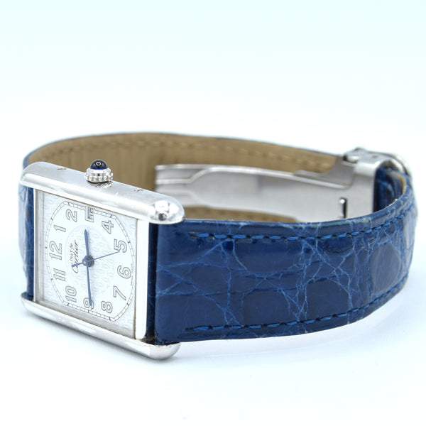 2000s Large Cartier Tank Date with Arabic Numerals Model 2414 in Silver with Deployment Clasp, Box and Books