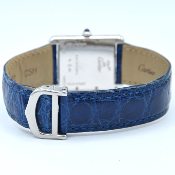 2000s Large Cartier Tank Date with Arabic Numerals Model 2414 in Silver with Deployment Clasp, Box and Books