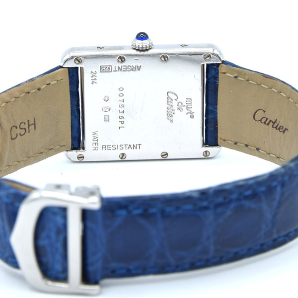 2000s Large Cartier Tank Date with Arabic Numerals Model 2414 in Silver with Deployment Clasp, Box and Books