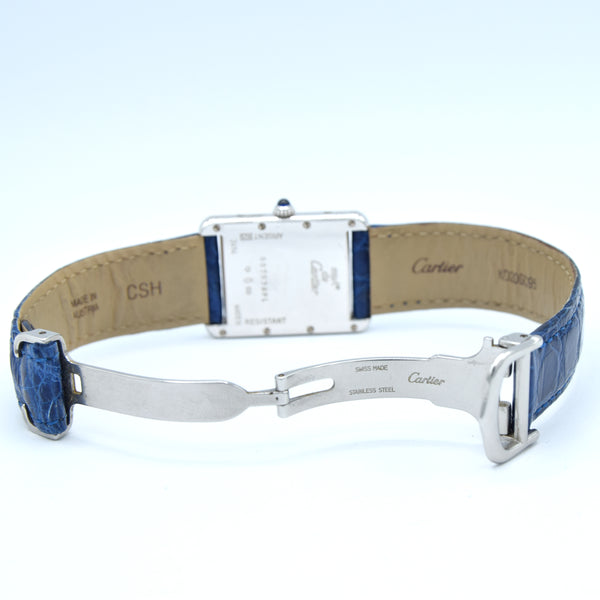 2000s Large Cartier Tank Date with Arabic Numerals Model 2414 in Silver with Deployment Clasp, Box and Books