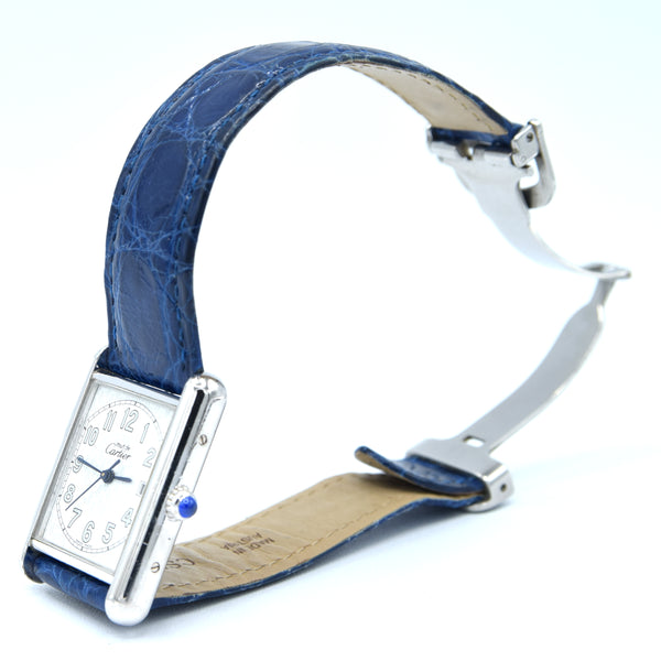 2000s Large Cartier Tank Date with Arabic Numerals Model 2414 in Silver with Deployment Clasp, Box and Books