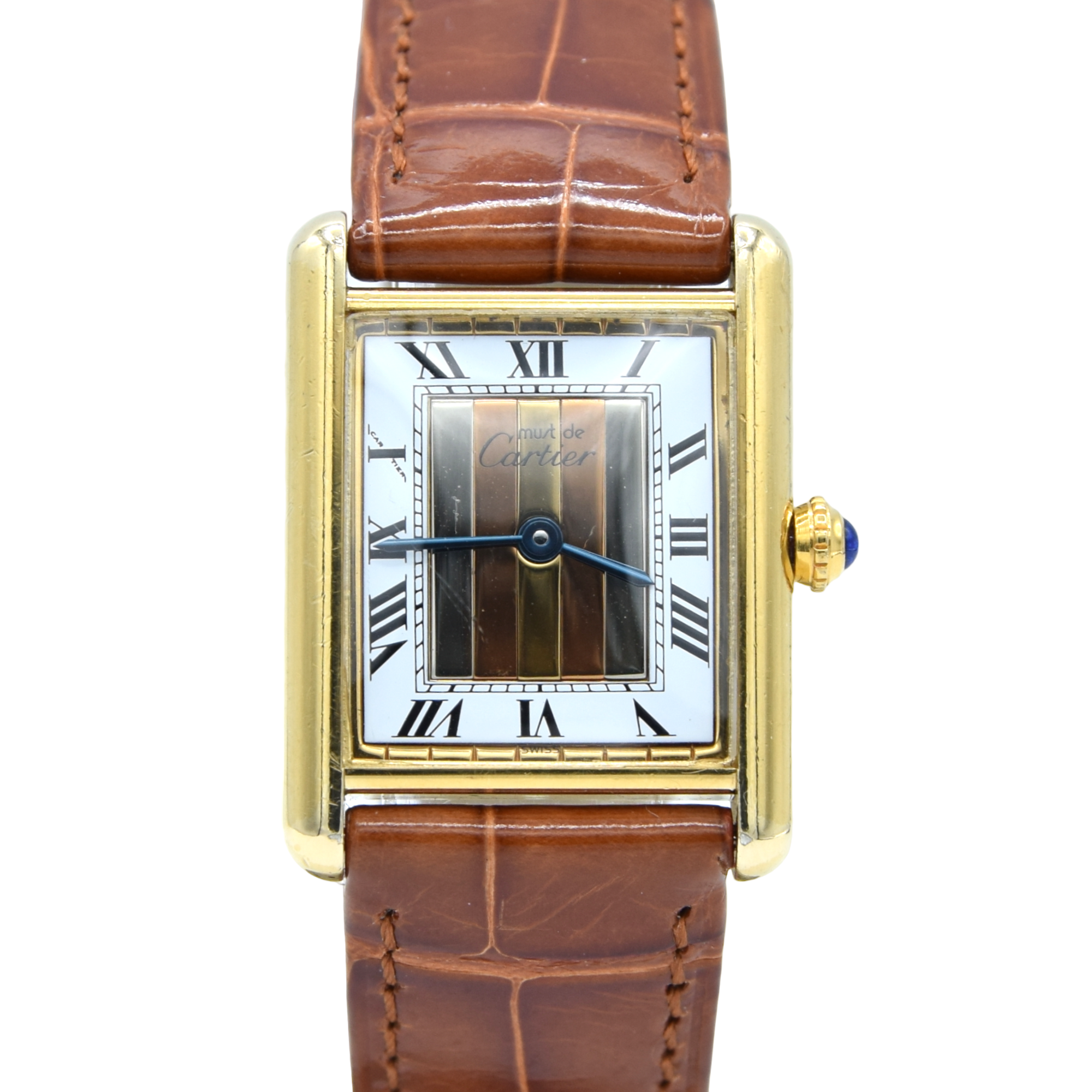1990s Cartier Must De Tank with Rare "Trinity" Tri-Colour Dial in Vermeil 925 Sterling Silver Gilt with Box