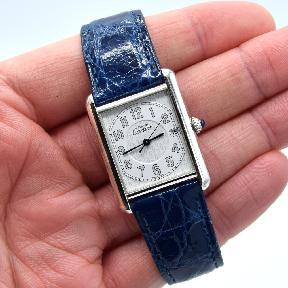 2000s Large Cartier Tank Date with Arabic Numerals Model 2414 in Silver with Deployment Clasp, Box and Books