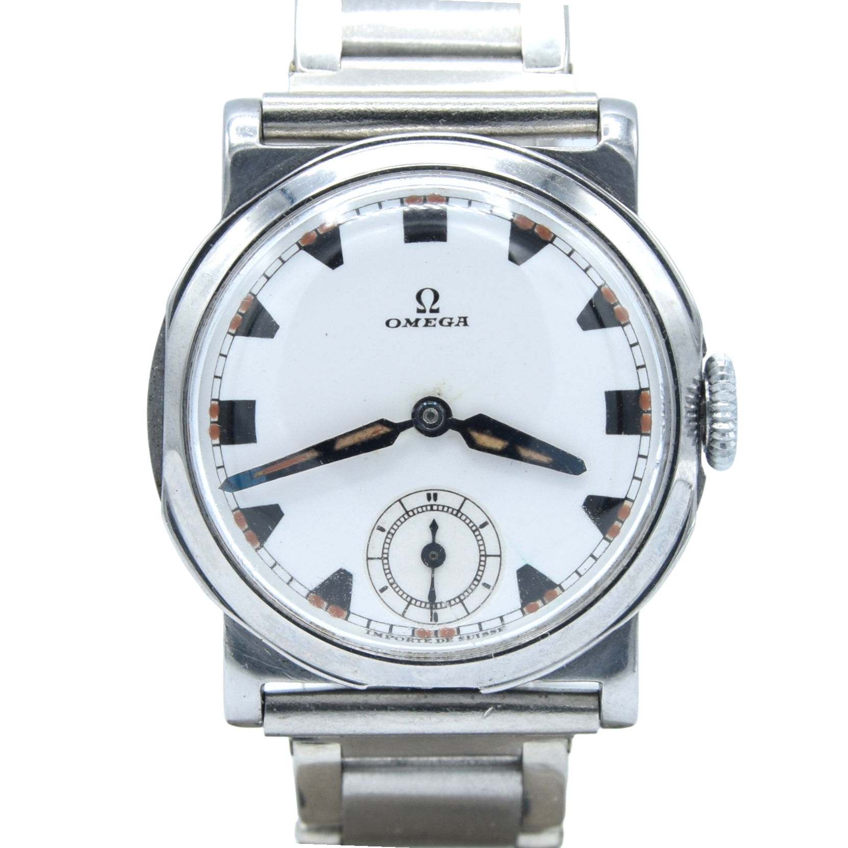 1934 Rare Omega Foibos CK 785 with Deco Enamelled Dial in Stainless Steel on Period Swiss Bracelet