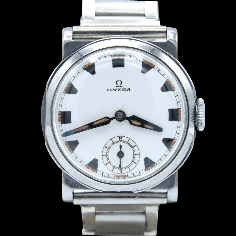 1934 Rare Omega Foibos CK 785 with Deco Enamelled Dial in Stainless Steel on Period Swiss Bracelet