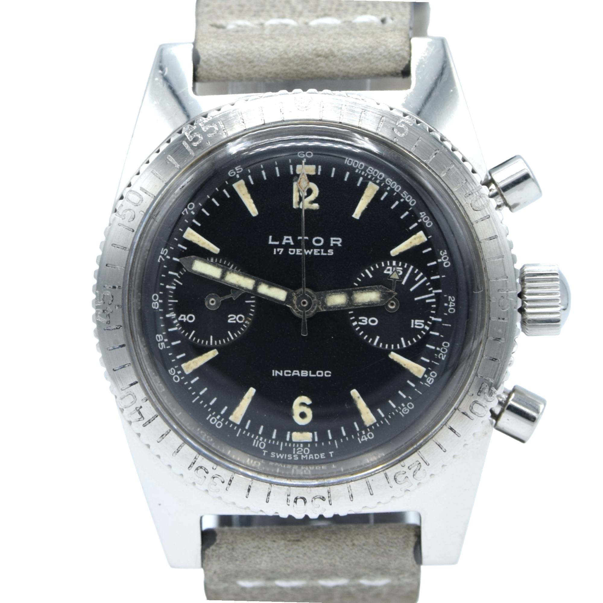 Products 1960s Rare Lator Chronograph Dive style Watch with Black Dial in Stainless Steel Case