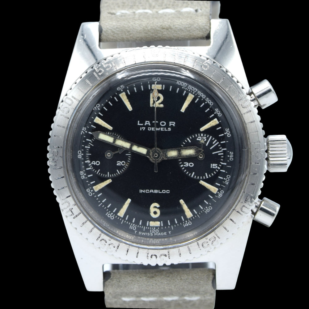 1960s Rare Lator Chronograph Dive Style Watch with Black Dial in Stainless Steel Case
