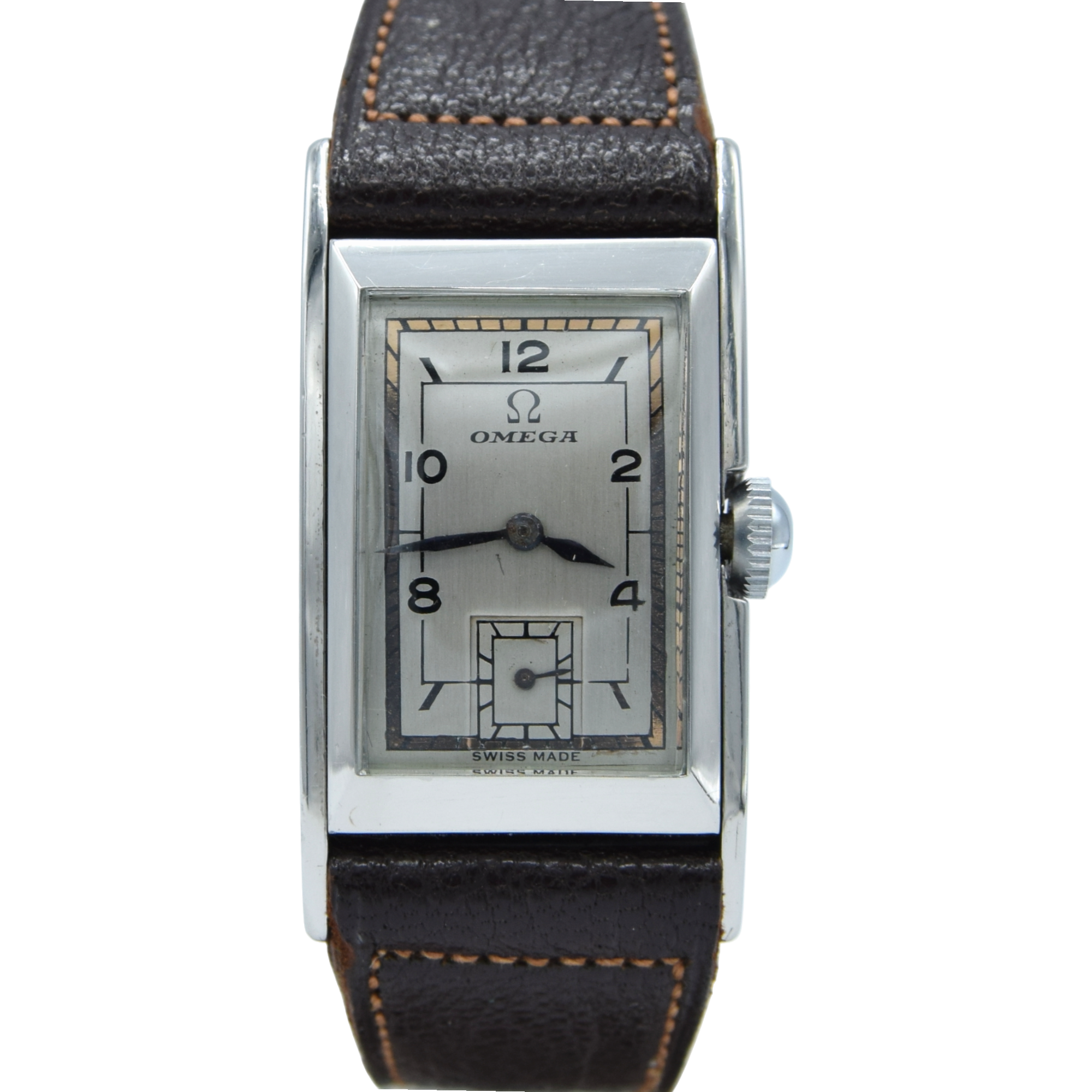 1936 Rare Omega model Ck944 Deco Rectangular Wristwatch in Staybrite steel curved case