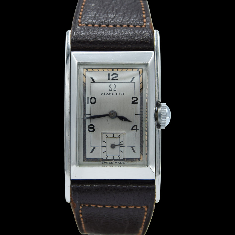 1936 Rare Omega model Ck944 Deco Rectangular Wristwatch in Staybrite steel curved case
