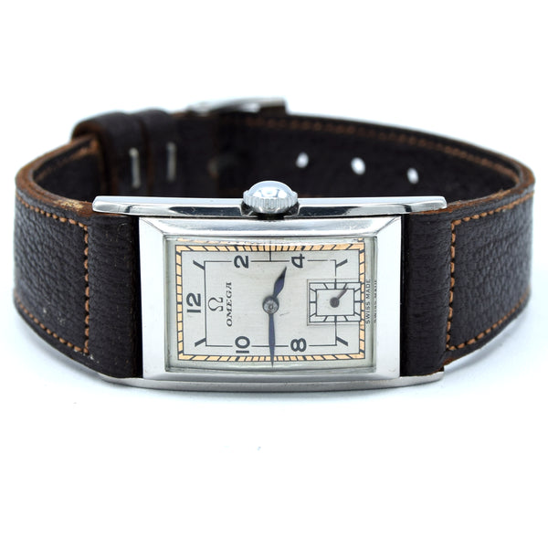 1936 Rare Omega model Ck944 Deco Rectangular Wristwatch in Staybrite steel curved case