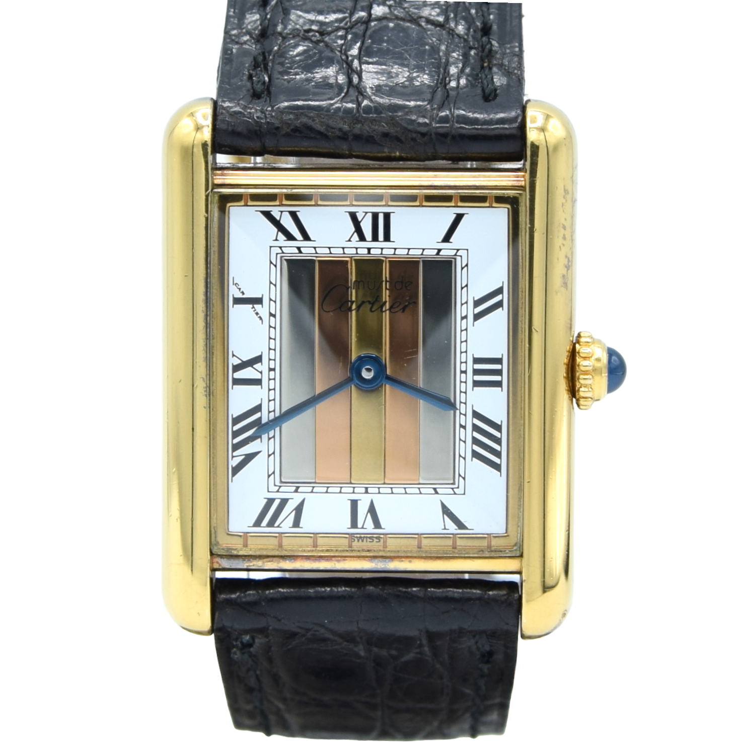 1990s Cartier Must De Tank with Rare "Trinity" Tri-Colour Dial in Vermeil 925 Sterling Silver Gilt with Box and Buckle