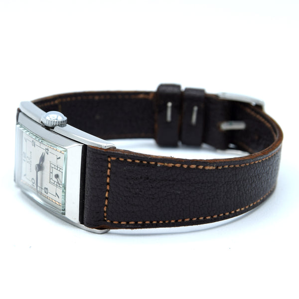 1936 Rare Omega model Ck944 Deco Rectangular Wristwatch in Staybrite steel curved case