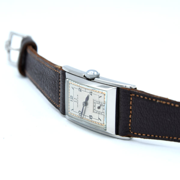 1936 Rare Omega model Ck944 Deco Rectangular Wristwatch in Staybrite steel curved case