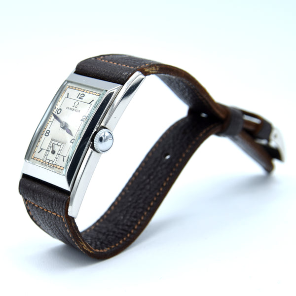 1936 Rare Omega model Ck944 Deco Rectangular Wristwatch in Staybrite steel curved case