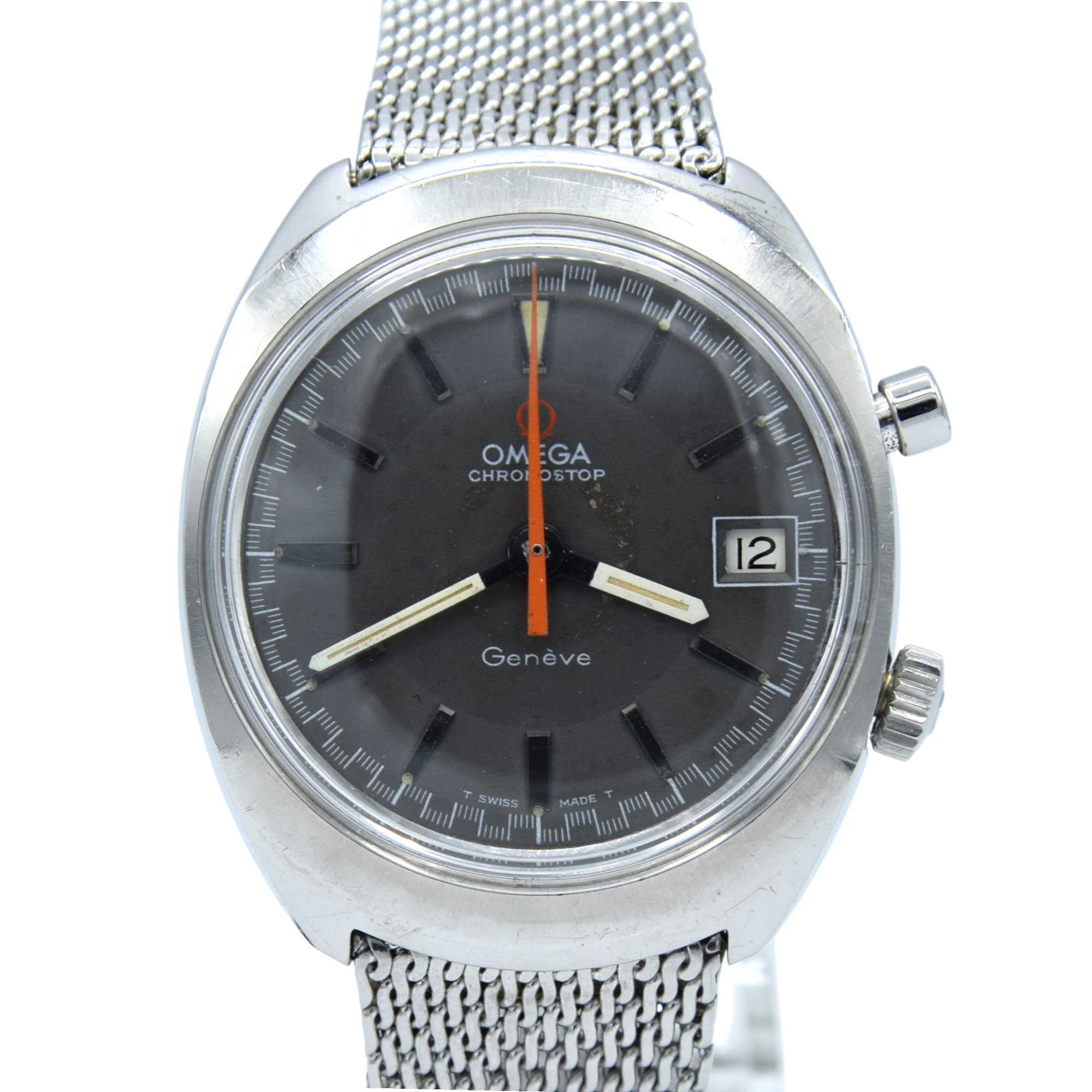 1969 Omega Chronostop Genéve Date Model 146.009 with Grey Dial in Stainless Steel on omega mesh bracelet