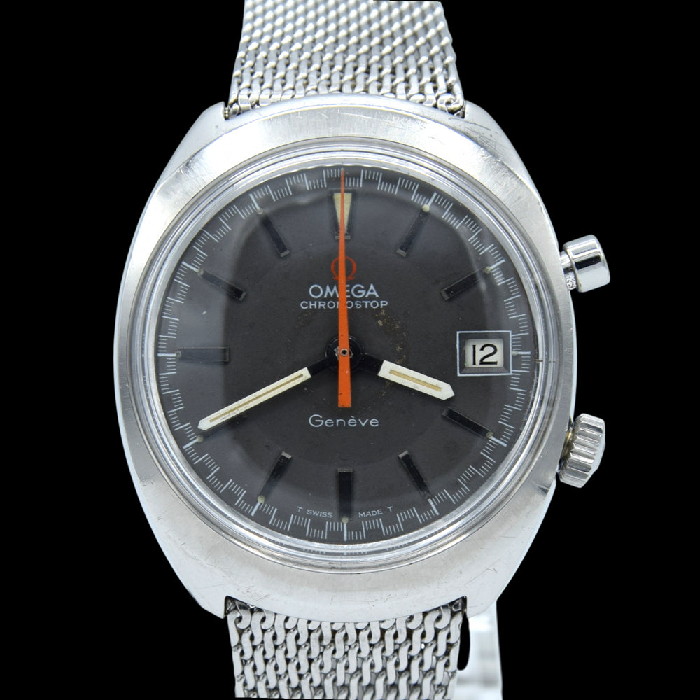 1969 Omega Chronostop Genéve Date Model 146.009 with Grey Dial in Stainless Steel on omega mesh bracelet