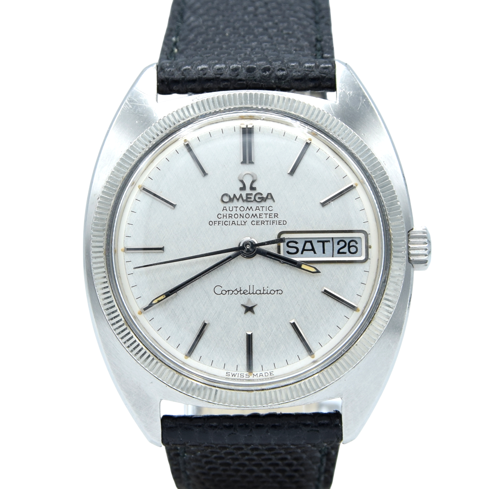 1969 Omega Constellation Automatic Chronometer Day / Date "C" Case 168.029 with Linen Dial & White Gold Bezel