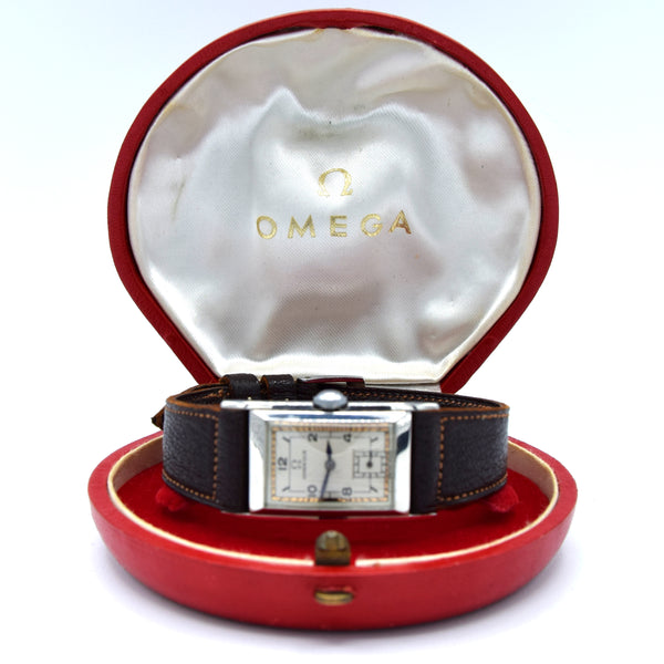 1936 Rare Omega model Ck944 Deco Rectangular Wristwatch in Staybrite steel curved case