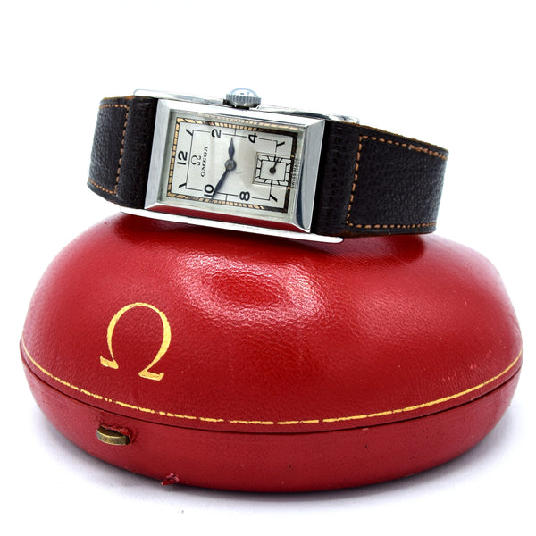 1936 Rare Omega model Ck944 Deco Rectangular Wristwatch in Staybrite steel curved case