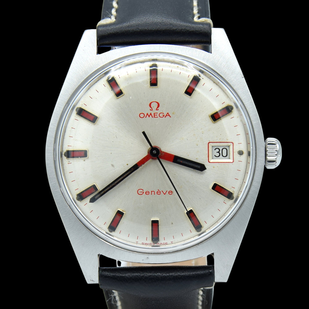 1969 Omega Geneve Date Model 136.041 Manual Wind with rare Red baton and hand markers