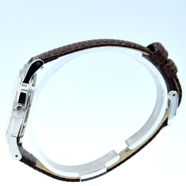 (RESERVED) 1950 Omega Automatic Bumper with Deco Arabic & Spearhead markers Model 2576 in Stainless Steel