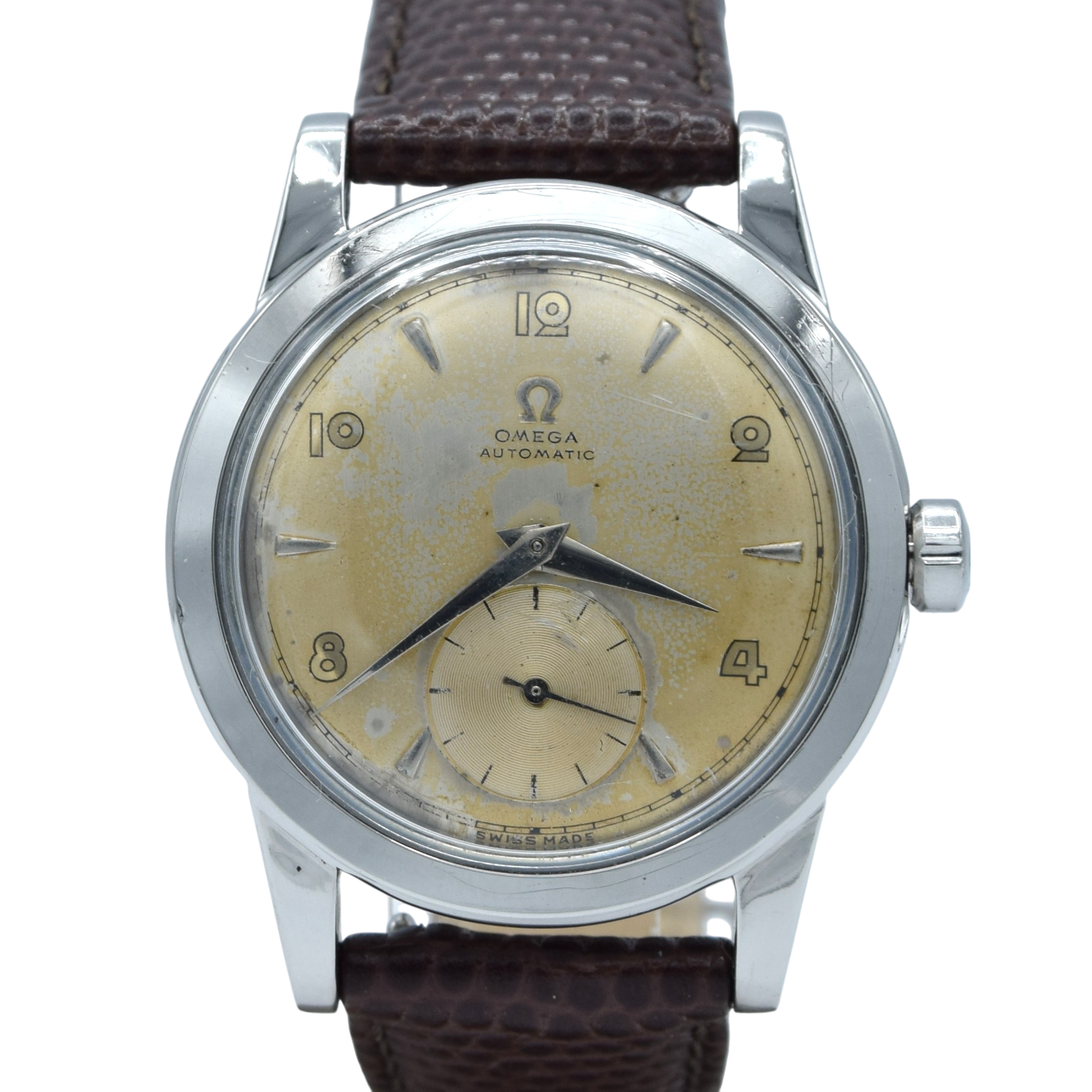 1950 Omega Automatic Bumper with Deco Arabic & Spearhead markers Model 2576 in Stainless Steel