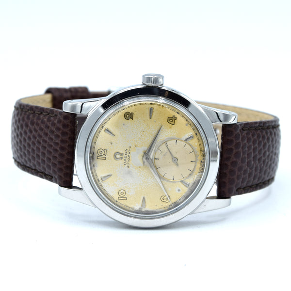 (RESERVED) 1950 Omega Automatic Bumper with Deco Arabic & Spearhead markers Model 2576 in Stainless Steel