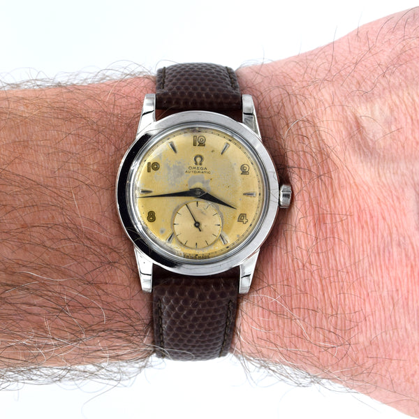 (RESERVED) 1950 Omega Automatic Bumper with Deco Arabic & Spearhead markers Model 2576 in Stainless Steel