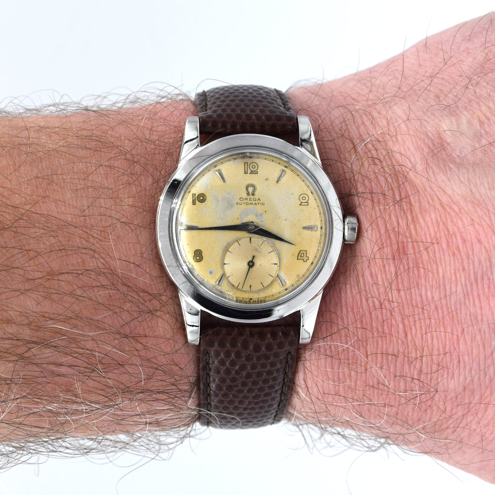 (RESERVED) 1950 Omega Automatic Bumper with Deco Arabic & Spearhead markers Model 2576 in Stainless Steel