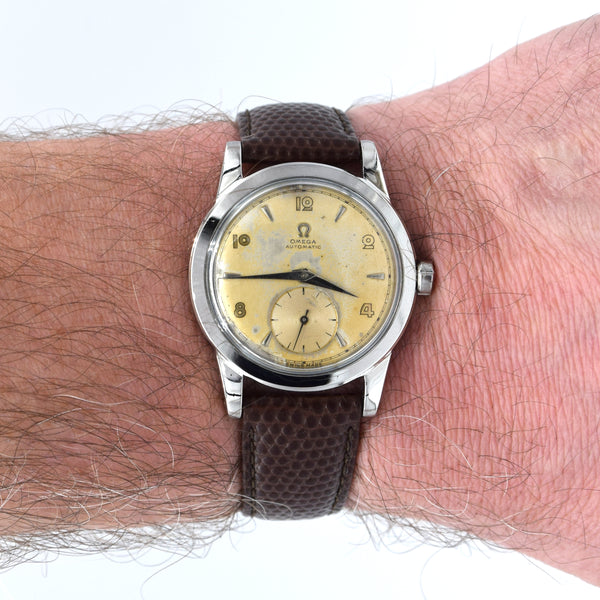 (RESERVED) 1950 Omega Automatic Bumper with Deco Arabic & Spearhead markers Model 2576 in Stainless Steel