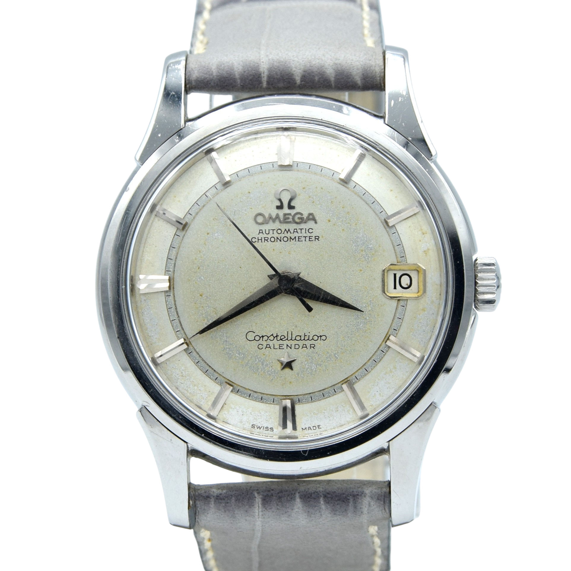 1959 Omega Constellation Chronometer Calendar Early Rare 'Railtrack' Model 14393 with two tone Patina Dial in stainless steel