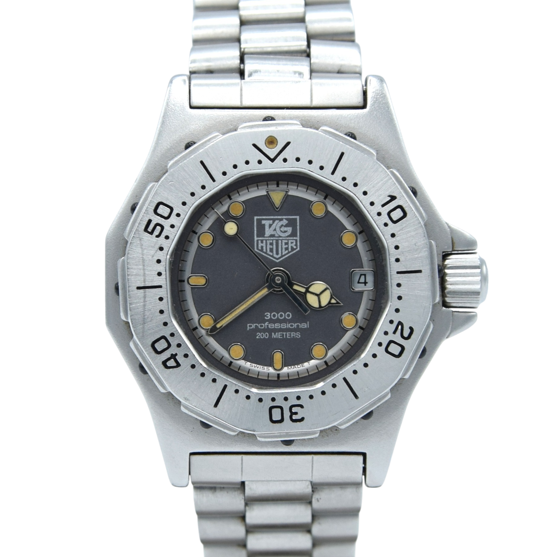 1980s Tag Heuer 3000 Ladies dive style watch Date  Model 932.208 Stainless Steel on Flip-Lock Bracelet