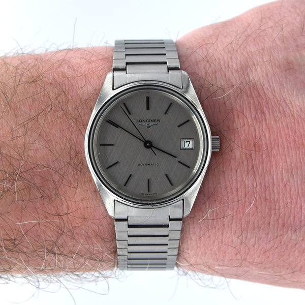 1990s Longines simple Elegant Automatic & minimalist bracelet watch 1659 - grey graphite 'Linen' Dial