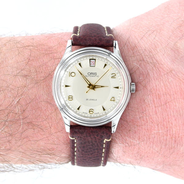 1990s Oris Date at 12 Automatic Wristwatch Model 7445 in 35mm Stainless Steel X2 tone dial