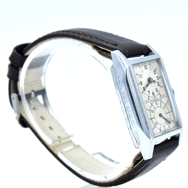 1930s chrome tank Deco style Doctors Duo Dial Wristwatch with sunburst sub seconds