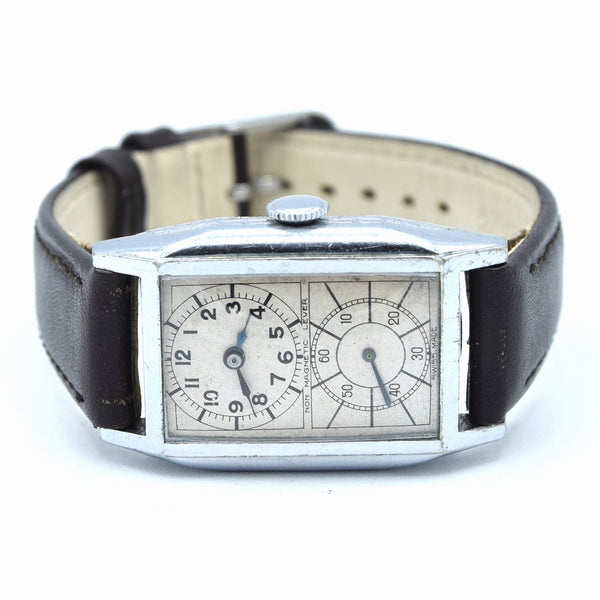 1930s chrome tank Deco style Doctors Duo Dial Wristwatch with sunburst sub seconds