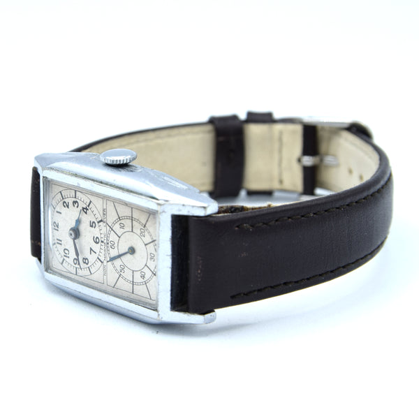 1930s chrome tank Deco style Doctors Duo Dial Wristwatch with sunburst sub seconds