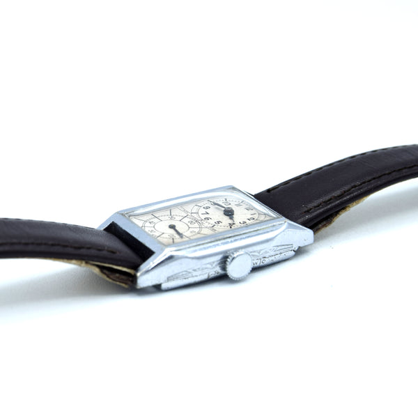 1930s chrome tank Deco style Doctors Duo Dial Wristwatch with sunburst sub seconds