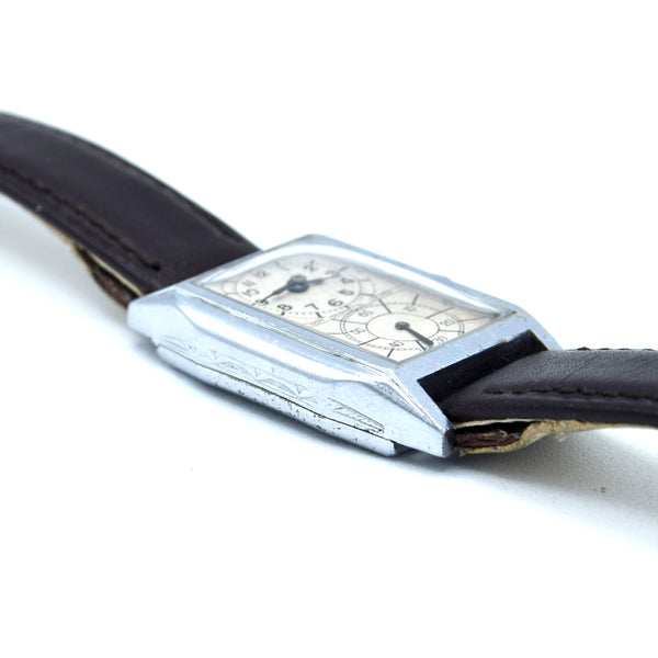 1930s chrome tank Deco style Doctors Duo Dial Wristwatch with sunburst sub seconds