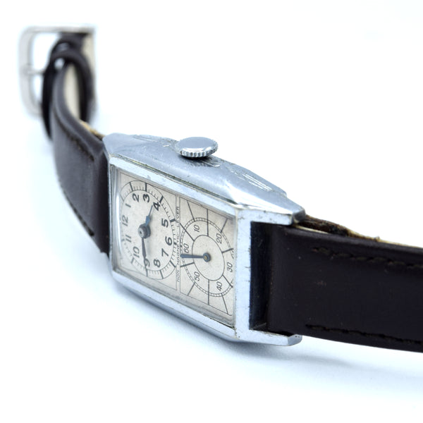 1930s chrome tank Deco style Doctors Duo Dial Wristwatch with sunburst sub seconds