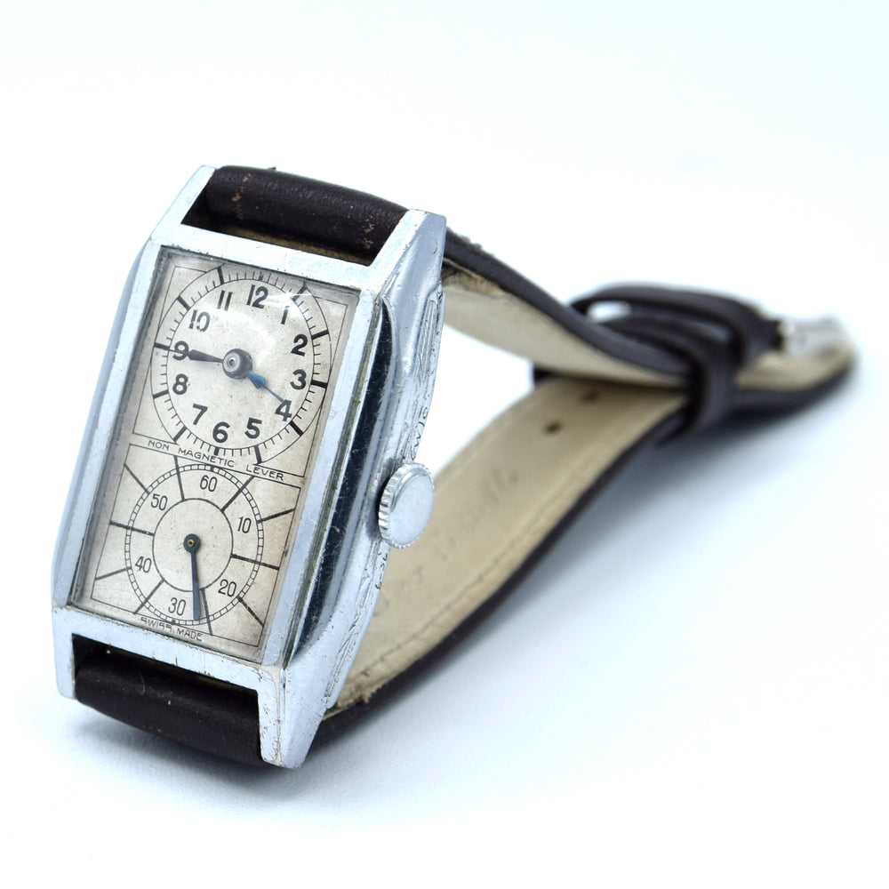 1930s chrome tank Deco style Doctors Duo Dial Wristwatch with sunburst sub seconds