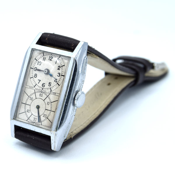1930s chrome tank Deco style Doctors Duo Dial Wristwatch with sunburst sub seconds