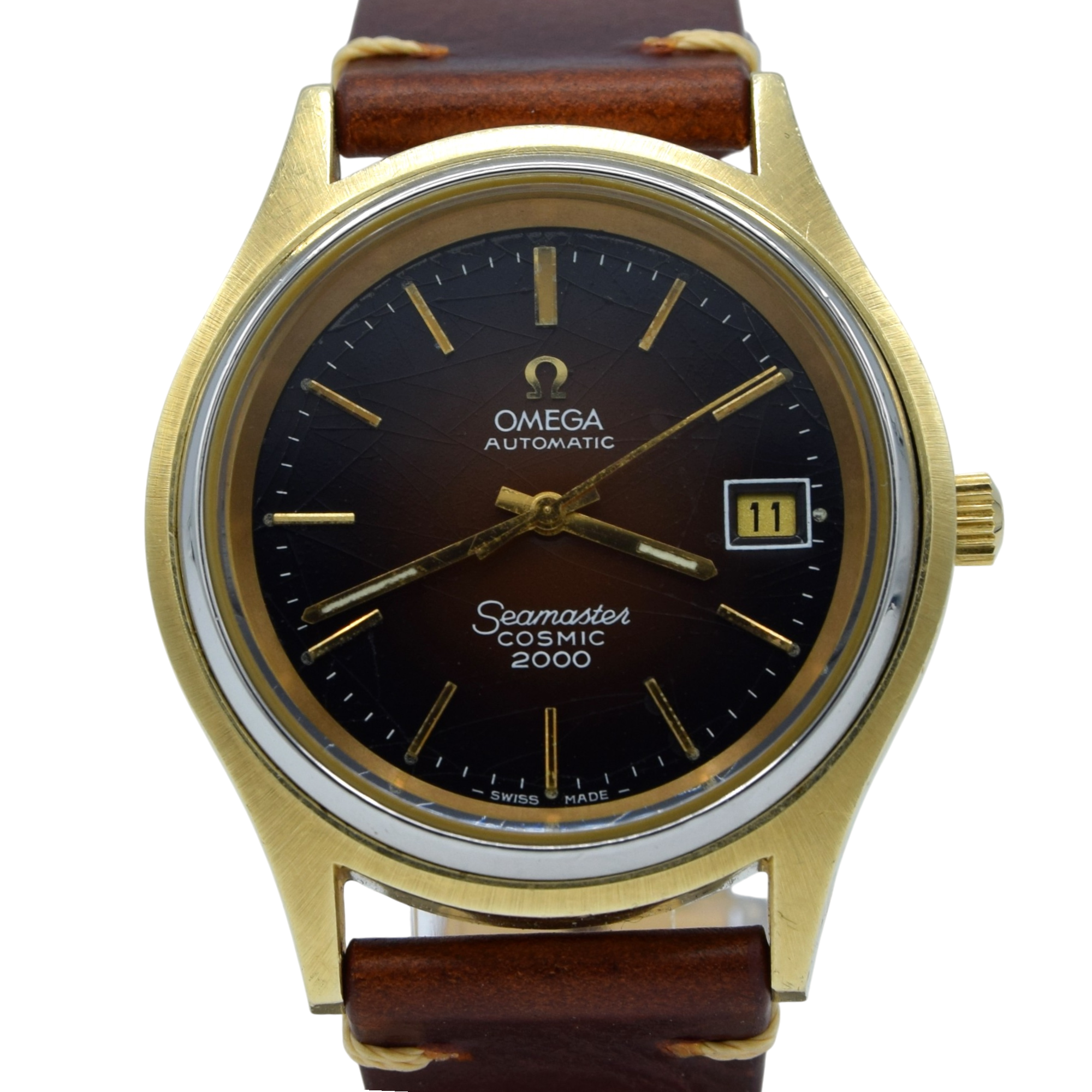 1971 Omega Rare Large Seamaster Cosmic 2000 Automatic Date Model 166.128 with Gloss Brown Spider Web Dial in Gold & Steel