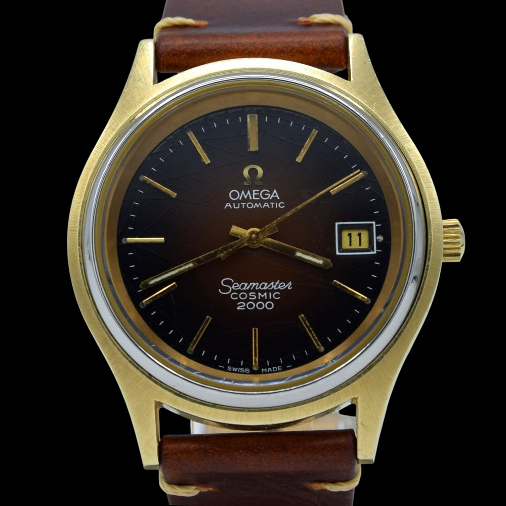 1971 Omega Rare Large Seamaster Cosmic 2000 Automatic Date Model 166.128 with Gloss Brown Spider Web Dial in Gold & Steel