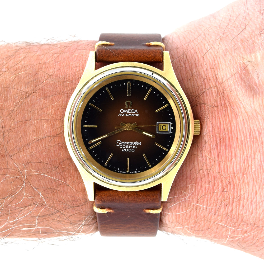 1971 Omega Rare Large Seamaster Cosmic 2000 Automatic Date Model 166.128 with Gloss Brown Spider Web Dial in Gold & Steel