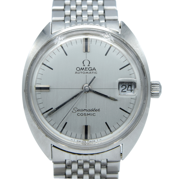 1968 Omega Seamaster Cosmic Date Model 166.023 Cross-Hair Dial Steel Monocoque Case on flat BOR