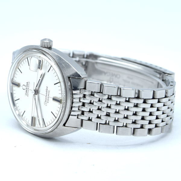 1968 Omega Seamaster Cosmic Date Model 166.023 Cross-Hair Dial Steel Monocoque Case on flat BOR
